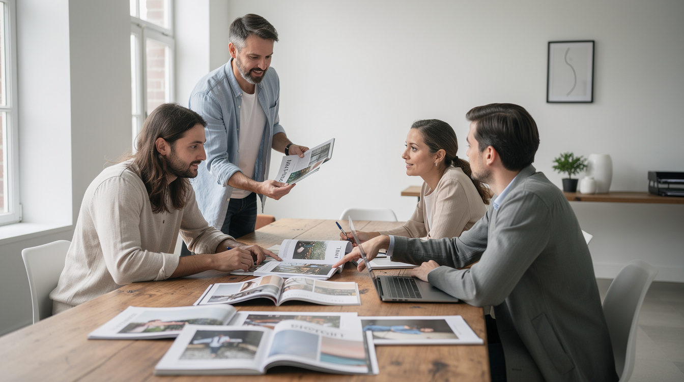 Editors reviewing layouts at a large table in a bright studio